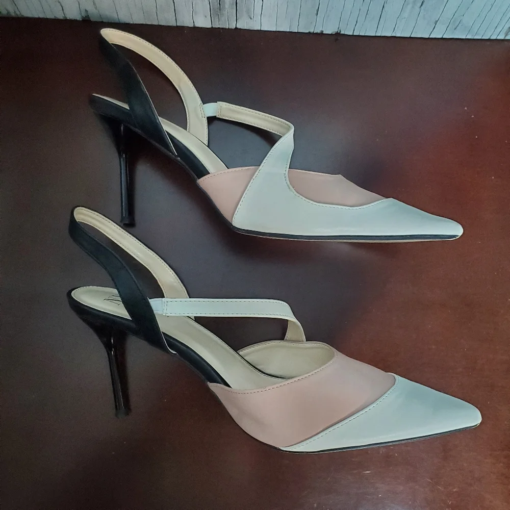 New York & Company Mika Pointed Toe Slingback Heels, 10, Black/Ivory/Blush
